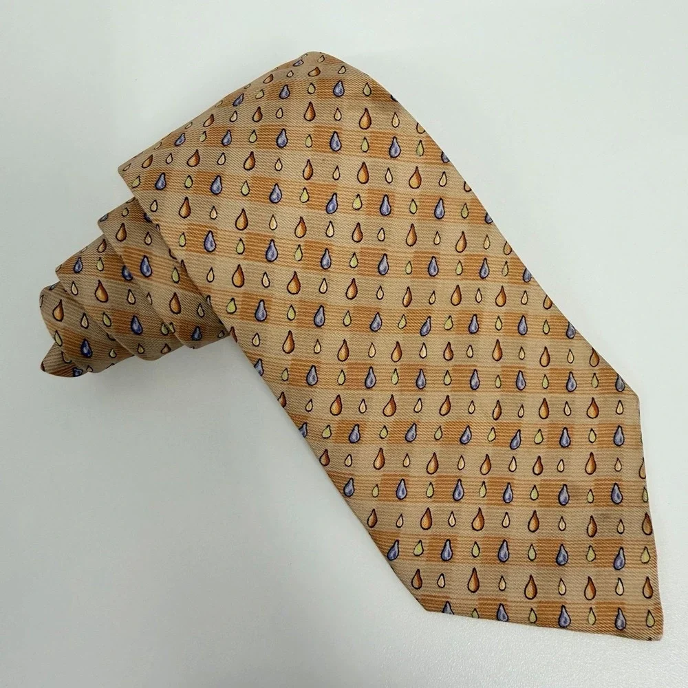 Hermes Mens Tie Rain Drops Orange 100% Satin Silk 7907 MA 3.5